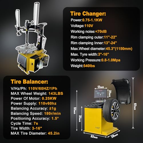 Tire Changer and Automatic Wheel Balancer Combo with Bead Blaster & Auto Measurement, 110V for 10-26" Rims, Professional Tire Shop Equipment