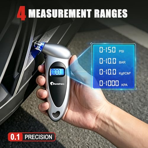 Digital Tire Pressure Gauge,Accurate Cars Air Gauge 150 PSI,Silver | 0-150PSI Calibrated,Accurate in 0.1 Increments,4 Measurement Units,Backlight LCD&Nozzle Light,for Everyday Vehicles - color: Silver(1PK), size: 1 Pack