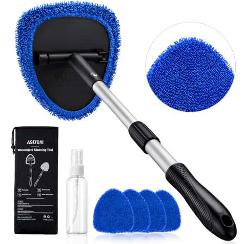 AstroAI 21" Extra-Long Windshield Cleaner Tool, Car Interior Detailing Cleaning Kit with Extendable Handle and 4 Upgraded Reusable Microfiber Pads, Auto Glass Wiper Brush Kit for Cars, Blue - color: Blue, size: 21 in