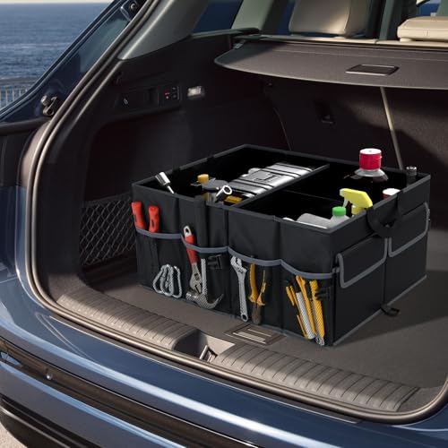 Car Trunk Organizer, 13 Gallon Collapsible Cargo Storage Box with Removable Divider & 6 Pockets, 3-Compatment Trunk Container with Securing Straps & Non-Slip Bottom for SUV, Sedan - size: 13 Gallon