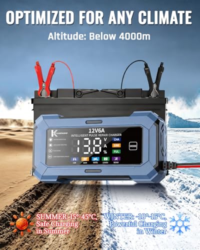 Car Battery Charger Battery maintainer for Automatic trickle Charger with Pulse Repair & Digital Display trickle Charger for car Battery 12v 6A Compatible with CAR AGM Moto LiFePO4 Batteries - color: Gray-blue
