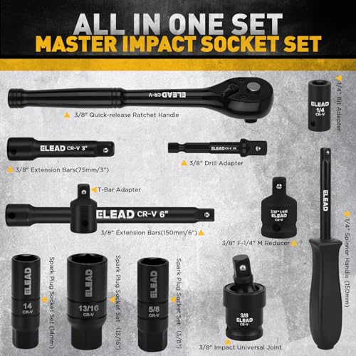 96-Piece 3/8" Drive Impact Socket Set, SAE(5/16 to 3/4-Inch) & Metric(8-22mm), Standard & Deep Sockets, Ratchet Handle, Bit Set, Universal Joint, Extension Bar, Adapters, Spark Plug Sockets - style: 96pcs 3/8'' Drive Impact Socket Set