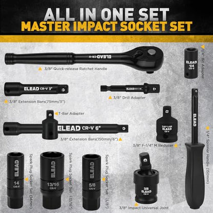 96-Piece 3/8" Drive Impact Socket Set, SAE(5/16 to 3/4-Inch) & Metric(8-22mm), Standard & Deep Sockets, Ratchet Handle, Bit Set, Universal Joint, Extension Bar, Adapters, Spark Plug Sockets - style: 96pcs 3/8'' Drive Impact Socket Set