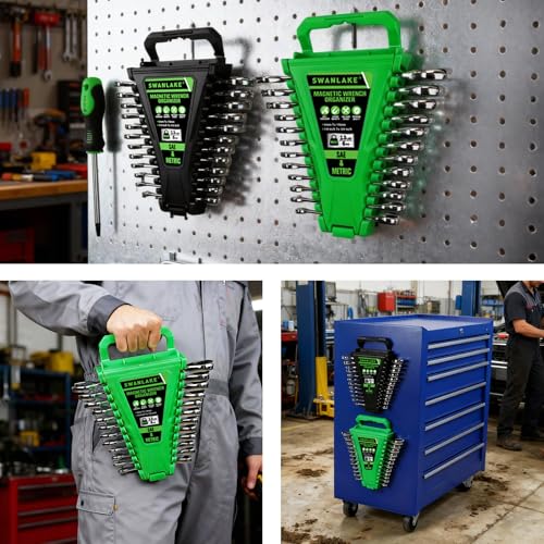 2-Piece Magnetic Wrench Organizer, Metric & SAE Portable Plastic Wrench Holder, 24-Slot Total, Foldable Carrying Handle for Wall-Mounted, Easy-Open Lock Cover, Wrenches Storage Rack Tool for Tool Box - style: 24-Slot with Cover