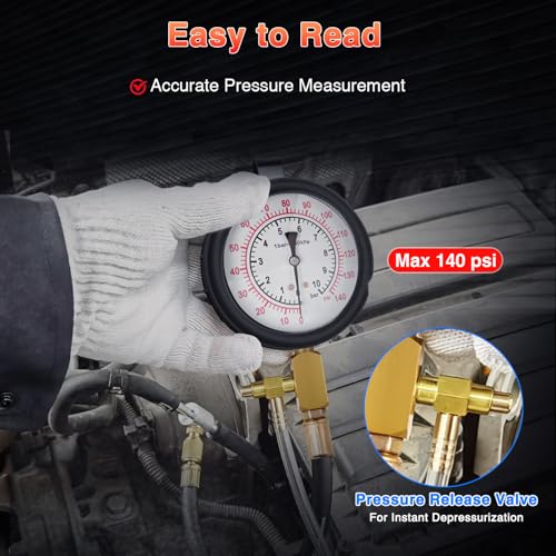 GOOACC Fuel Injection Pressure Tester Kit - 0-140 PSI Gasoline Pump Diagnostic Tool with Schrader Valve Adapters & Relief Button for Car Motorcycle Truck