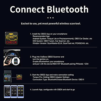 OBD2 Bluetooth Wireless Diagnostic Code Reader OBD II Scan Tool Reset & Clear Check Car Engine Light,Bluetooth Scanner Read, Compatible with iOS& Android & Windows - color: black