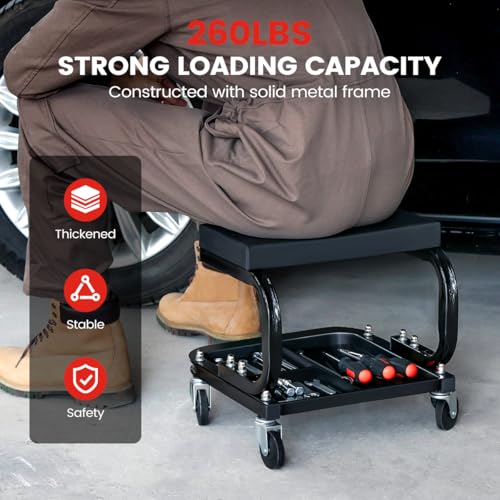 KROAK Rolling Creeper Garage/Shop Seat, 260LBS Capacity Padded Workshop Stool with Tool Tray Storage Mechanic Roller Seat for Shop, Garage, Auto Repair