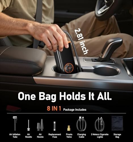 Tire Inflator Portable Air Compressor, Cordless Tire Inflator for Car Tires with Digital Pressure Gauge and Auto Shutoff, Dual Power Air Pump with Battery and 12V Car Adapter