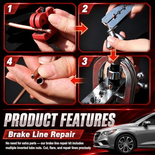 25Ft 1/4" & 3/16" Brake Line Kit,Single & Double Brake Line Flaring Tool Kit with 32 Inverted Fittings/Tube Cutter/5 Adapters,Professional Brakes Lines Repair Kits