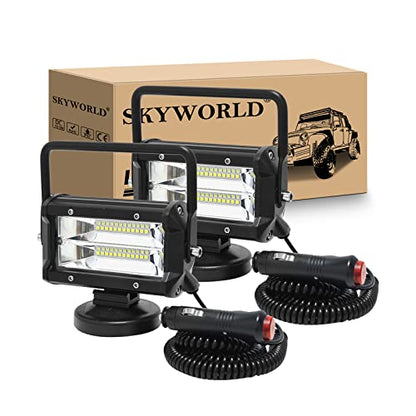 SKYWORLD 2Pcs Portable Magnetic Base Led Work Light Bar, 5 inch 72W Flood Beam, 12V 24V Off Road Driving Lights Fog Lamp for Car Truck 4x4 SUV ATV Tractors Excavator, 6000K White, Led Search Lights - size: 2Pcs 5 Inch 72W Flood