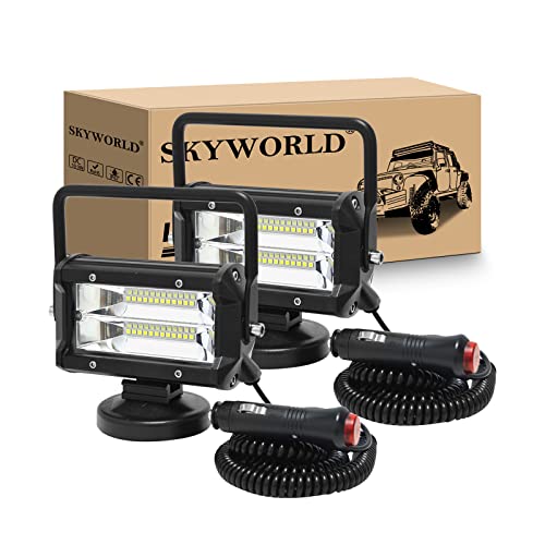 SKYWORLD 2Pcs Portable Magnetic Base Led Work Light Bar, 5 inch 72W Flood Beam, 12V 24V Off Road Driving Lights Fog Lamp for Car Truck 4x4 SUV ATV Tractors Excavator, 6000K White, Led Search Lights - size: 2Pcs 5 Inch 72W Flood