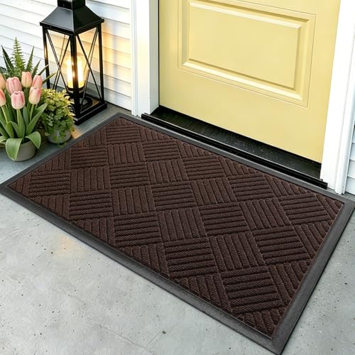 Front Door Mat, Heavy Duty Waterproof Rubber Doormat for Indoor Outdoor, Non-Slip Low Profile Dirt Trapper Absorbent Mat for Entryway, Stain Fade Resistant Easy Clean 29.5"x17", Brown - color: Brown, size: 1'5" x 2'6" (Rectangular)