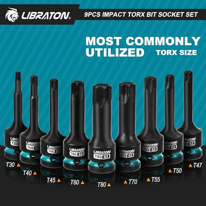 LIBRATON Impact Torx Bit Socket Set, 1/2" Drive, S2 Steel, 9PCS Impact Star Bit Socket Set (T30-T80), High Impact Torx Sockets, XPE Storage, Professional Mechanic and Automotive Repair - style: 9PCS Torx