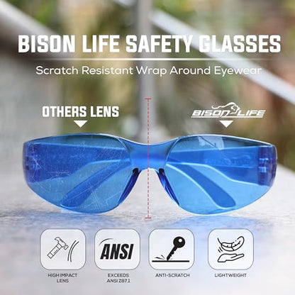BISON LIFE Clear Safety Glasses – ANSI Z87.1 Certified Scratch & Impact Resistant Eye Protection Goggles for Men & Women - color: Blue/Blue