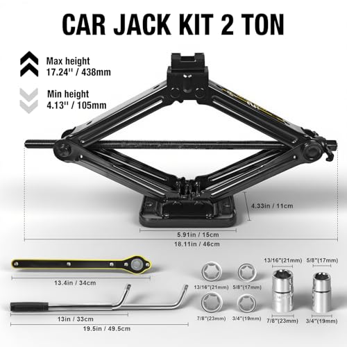 YELLOW JACKET Scissor Car Jack 2 Ton Tire Changing Kit with Lug Wrench, Emergency Kit Scissor Jack for Car - size: 2 TON