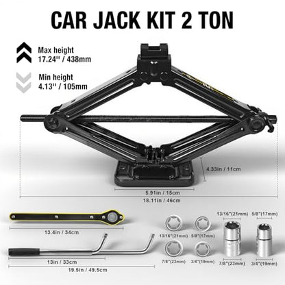 YELLOW JACKET Scissor Car Jack 2 Ton Tire Changing Kit with Lug Wrench, Emergency Kit Scissor Jack for Car - size: 2 TON