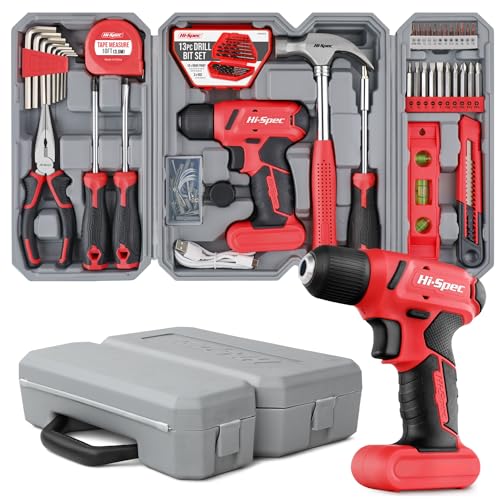 Hi-Spec 58pc Red 8V USB Electric Power Cordless Drill Driver and Home DIY Tool Kit Set. Screw Driver and Drill Bit Set Accessories, Pliers and Hammer In a Toolbox Case - color: Red, size: 58 Pieces