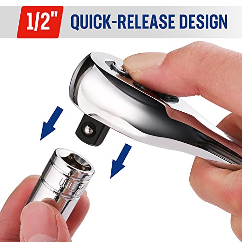 WORKPRO 1/2" Drive Ratchet Wrench, 72-Tooth Reversible | Quick-Release, CR-MO Head, Chrome Plated Finish, Ergonomic Non-Slip Handle - size: 1/2"