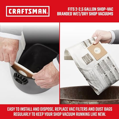 CRAFTSMAN CMXZVBE38774 2-2.5 Gal. Wet Dry Shop Vacuum Dust Collection Bags | For General Debris, Fits Most 2 to 2.5 Gallon Shop Vacuums, Collects Dry Only Debris, Reduces Cleanup Time, 3-Pack - style: 2-2.5 Gallon General Purpose