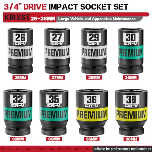 8 Piece 3/4" Drive Impact Socket Set, Metric Axle Nut Sockets, 26-38mm Thicker Jumbo Sockets, Socket Set, 6 Point, Cr-V, Vehicle and Apparatus Maintenance - size: 3/4" 8pcs Metric