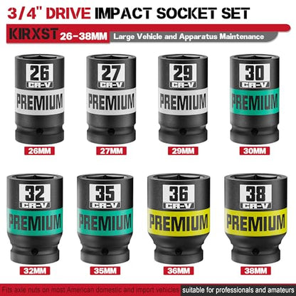 8 Piece 3/4" Drive Impact Socket Set, Metric Axle Nut Sockets, 26-38mm Thicker Jumbo Sockets, Socket Set, 6 Point, Cr-V, Vehicle and Apparatus Maintenance - size: 3/4" 8pcs Metric