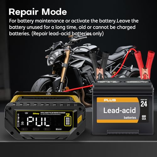 Car Battery Charger 26A, 6V/12V/24V, Battery Maintainer Trickle Charger | Lead-Acid, LiFePo4, Lithium Smart Battery Charger, Large Screen Fully Automatic Chargers for Car, Motorcycle, Lawn Mower