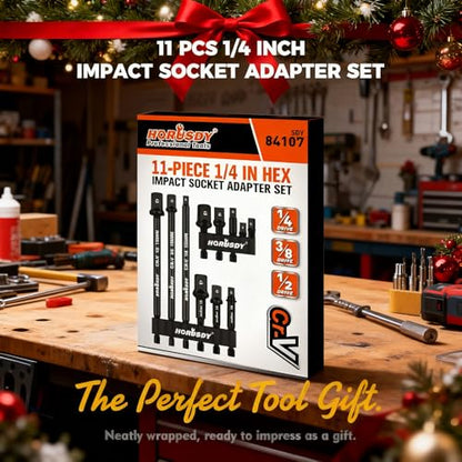 HORUSDY 11-Piece Impact Socket Adapter Set, 1/4-Inch Hex Shank, Cr-V Steel High Torque Drill Extension Bits, 1/4" 3/8" 1/2" Impact Driver Socket Adapters with Storage Holder - style: 11-PCS + Storage Holder