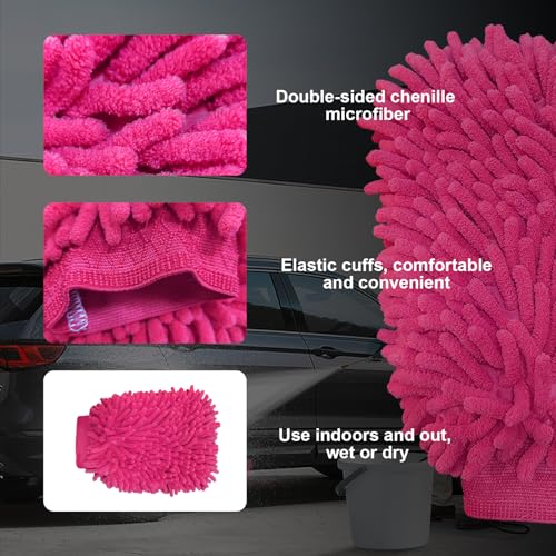 Ziciner Premium Microfiber Wash Mitt, Soft Scratch-Free Double-Sided Chenille Washing Gloves Perfect for Car Washing and Detailing (Pink, Large) - color: Pink
