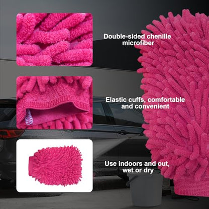 Ziciner Premium Microfiber Wash Mitt, Soft Scratch-Free Double-Sided Chenille Washing Gloves Perfect for Car Washing and Detailing (Pink, Large) - color: Pink