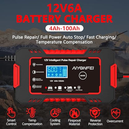 12V 6-Amp Battery Charger, Smart Trickle Charger & Maintainer RED | Battery Desulfator, Winter & Summer Mode, Lead-acid Battery Chargers, for Car Truck Motorcycle Lawn Mower Boat - color: Red