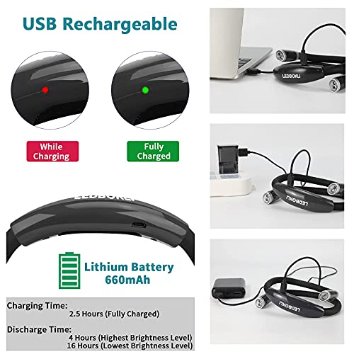 LEDBOLIK Neck Reading Light Black, 660mAh Rechargeable Book Light for Reading in Bed – 6 Brightness, Bendable Arms, Hands Free for Knitting, Crocheting - color: 660mAh Black