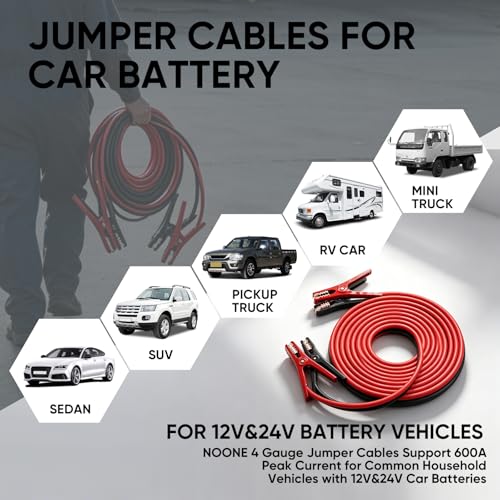 NOONE Jumper Cables for Car Battery - 4 Gauge 20 FT 600Amp Heavy Duty Automotive Booster Jumper Cables for Jump Starting Dead or Weak Batteries (4AWG x 20Ft) - size: 4Gauge x 20FT