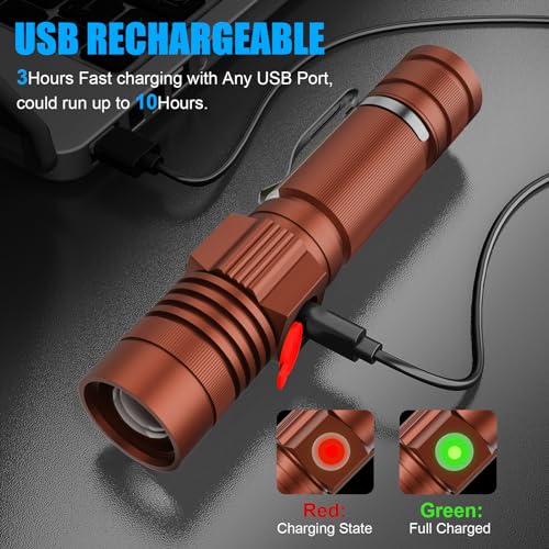 Hoxida Flashlight USB Rechargeable, Magnetic LED Flashlight, Super Bright LED Tactical Flashlight with Cob Sidelight, Waterproof, Zoomable Best Small LED Flashlight for Camping, Emergency - Brwon - color: Brown