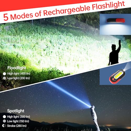 Magnetic Work Light Rechargeable, 400LM LED Work Light with COB Floodlight & Spotlight, 5 Modes, 3–7H Runtime, USB-C Magnetic Flashlight with Hook for Car Repair, Camping, Emergency