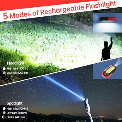 Magnetic Work Light Rechargeable, 400LM LED Work Light with COB Floodlight & Spotlight, 5 Modes, 3–7H Runtime, USB-C Magnetic Flashlight with Hook for Car Repair, Camping, Emergency