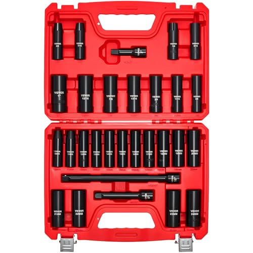 VEVOR 1/2" Drive Impact Socket Set, 29-Piece Deep Sockets Standard SAE (3/8 to 1 inch) and Metric (10 to 24 mm) Size, 6 Point, CR-V Steel, Extension Bars (3", 5", 10") - size: 1/2" 29 PCS