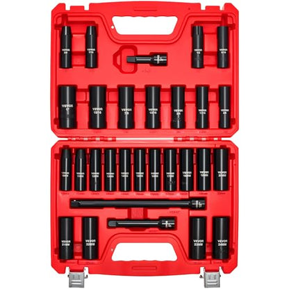 VEVOR 1/2" Drive Impact Socket Set, 29-Piece Deep Sockets Standard SAE (3/8 to 1 inch) and Metric (10 to 24 mm) Size, 6 Point, CR-V Steel, Extension Bars (3", 5", 10") - size: 1/2" 29 PCS