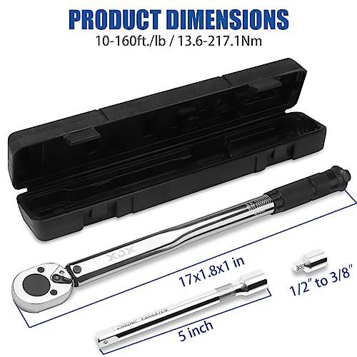 XJX 1/2-Inch Drive Click Torque Wrench Set, 10-160FT-LB/13.6-217.1Nm Torque Wrench