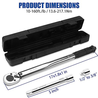 XJX 1/2-Inch Drive Click Torque Wrench Set, 10-160FT-LB/13.6-217.1Nm Torque Wrench