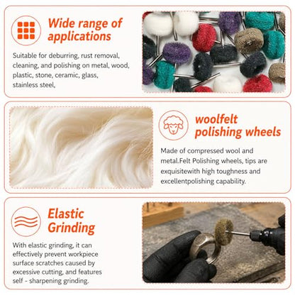 90-Piece Abrasive Buffing & Polishing Wheel Set - 1/8" Shank, 1" (25mm) 80-800 Grit, 15 Wool Felt Buffing Wheels, Rotary Tool Polishing Kit for Metal, Jewelry, Wood, Glass - color: White 90Pcs