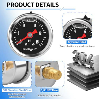 Boltigen Fuel Pressure Gauge, 0-15psi Fuel Pressure Gauge Kit, Glycerin Filled Fuel Pressure Regulator with Gauge for Car, 1/8'' NPT Inline Fuel Pressure Guage with 3/8'' 5/16'' Barb, Black - color: Black