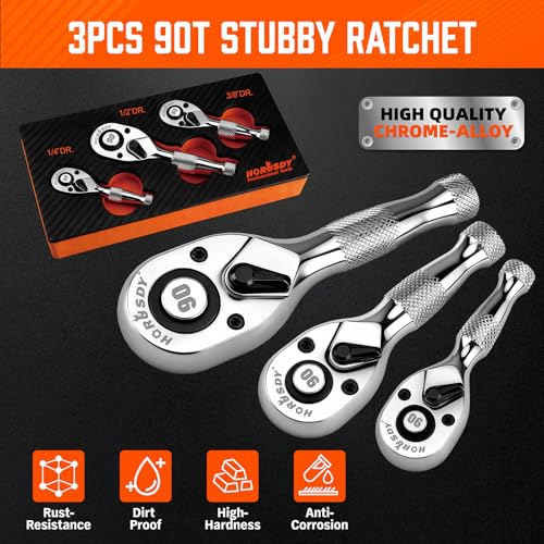 HORUSDY 3 Piece 90T Stubby Ratchet Handle Set, 1/4" 3/8" 1/2" Drive Mini Socket Wrench, Compact Reversible Ratchets for Tight Spaces, Car & Home Repair, DIY, Mechanic Tool - style: 1/4" 3/8" 1/2" Drive 90T Set