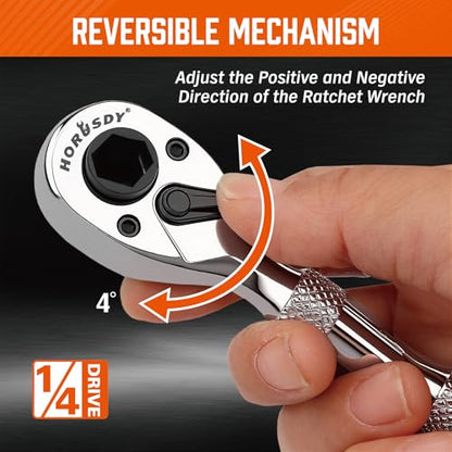 HORUSDY 1/4-Inch Stubby Ratchet Wrench Set, Chrome Alloy 90-Tooth Reversible 1/4" Drive Handle with Magnetic Bit Driver & 1/4" to 3/8" Adapter, Compact Socket Wrench for Tight Spaces, Auto, DIY - style: 1/4" Drive 90T stubby