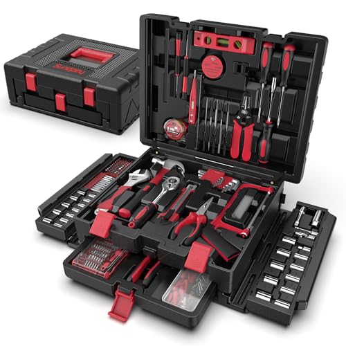 Sundpey Home Tool Kit with Drawer - 379-PCs Portable Complete Household and Auto Repair Tool Set - Hand General Basic Tool Box Storage Case - Full Basic Toolkit for Handyman & Diyer & Homeowner Red - color: Red