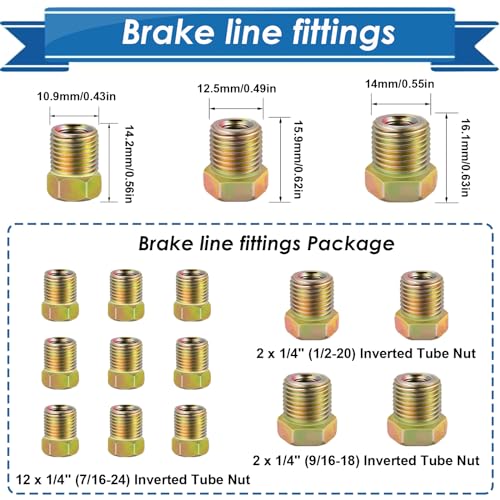 1/4Inch x 25 ft Brake Line Tubing Kit Flexible Copper Coated Alloy Brake Line Tubing Coil with 16 Inverted Flare Fittings SAE Standard - size: 1/4 Inch Gold, style: Brake Line