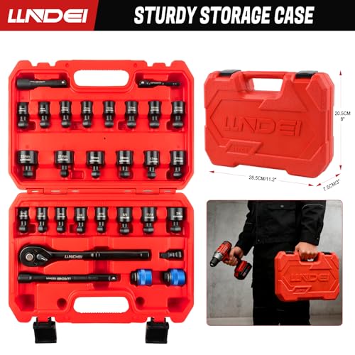 LLNDEI 29Pcs Swivel Socket Set, Quick Release Design, CR-MO 3/8 Swivel Sockets Metric(8-22mm)&Sae(5/16"-3/4"), Wobble Socket Set with Ratchet Wrench, Extension Bar and Adapters. - size: 29Pcs Quick-Release 3/8" Swivel Socket Set S&M