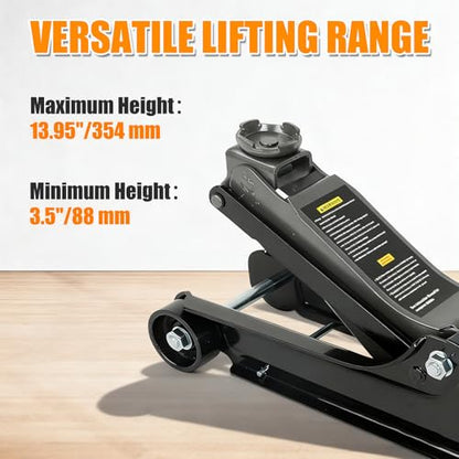 2.5 Ton (5,000 LB) Heavy Duty Floor Jack, Aluminum and Steel Low Profile Hydraulic Car Jack with The Piston Quick Lift Pump，3.5"-13.95" Lifting Range，Black