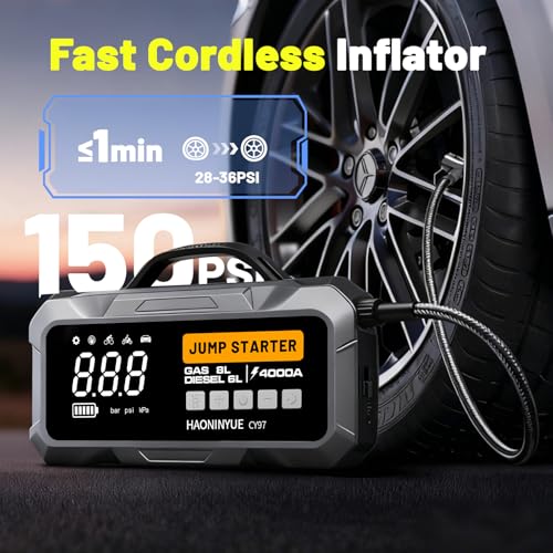 4000A Car Jump Starter with Air Compressor150PSI | Portable Car Battery Jump Starter, 12V Jump Box Battery Pack (8L Gas 6L Diesel Engine) with Boost, LEDLight and Jumper Cables - color: Sliver