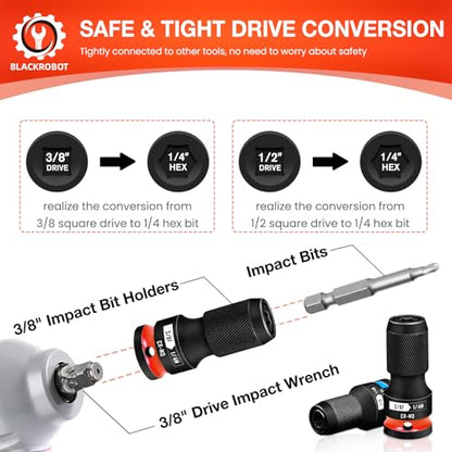 BLACKROBOT 2PCS Quick Release Impact Bit Holders 1/2-Inch & 3/8-Inch Square Drive to 1/4-Inch Hex Socket Adapter, CR-MO Steel - size: 3/8+1/2 Impact Bit Holder