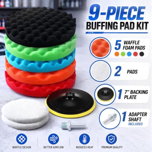 Marsui 9 Pcs Polishing Pads Kit 8 Inch Waffle Foam Buffing Pads 7 Inch Wool Pad Car Foam Buffing Sponge Pad Kit with 5/8 Inches Backing Plate for Car Waxing Polishing